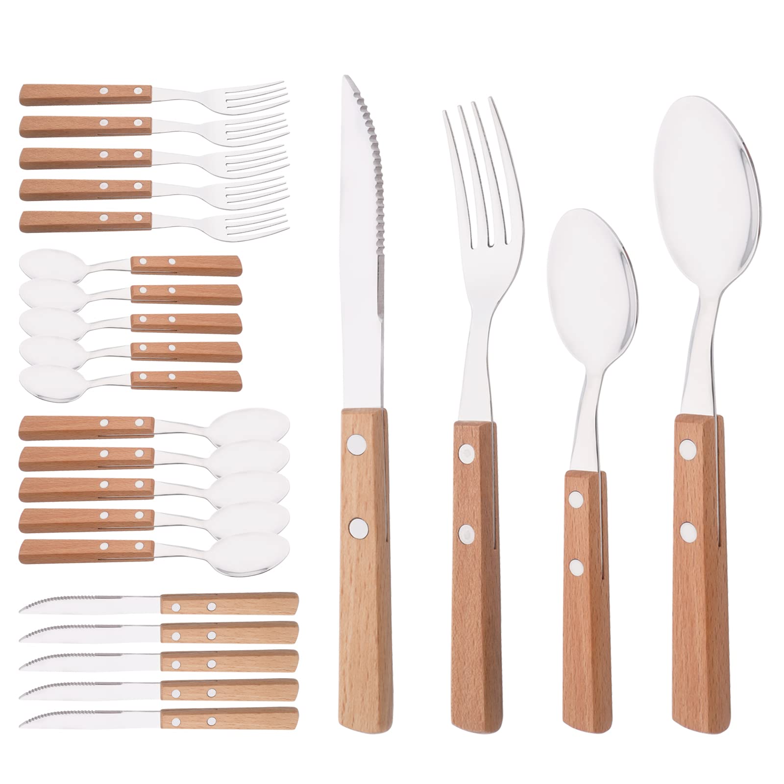 Amazon.com | Silver Flatware Set with Natural Wood Handle